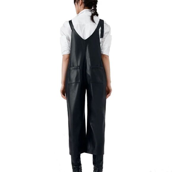 Zara Faux Leather Black Cropped Overalls Size Small - Picture 2 of 9
